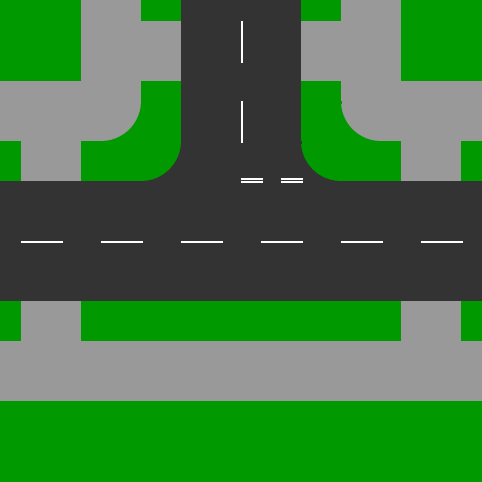 A simple plan drawing of a road T junction with pavements.