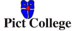 Pict College logo, with a blue-painted mask with red nose and green eyes.